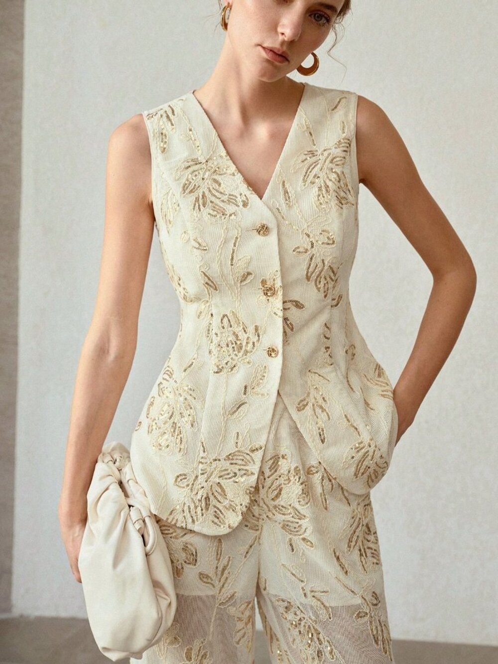 Apricot Elegant Women's Premium Embroidered sequin Sleeveless Fitted Waistcoat v